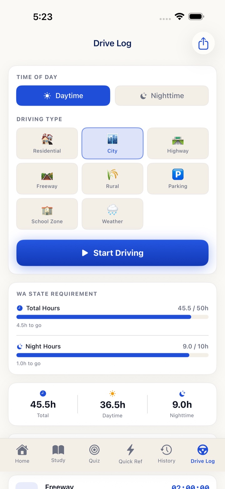 Drive log showing progress toward Washington’s required 50 hours and 10 night hours