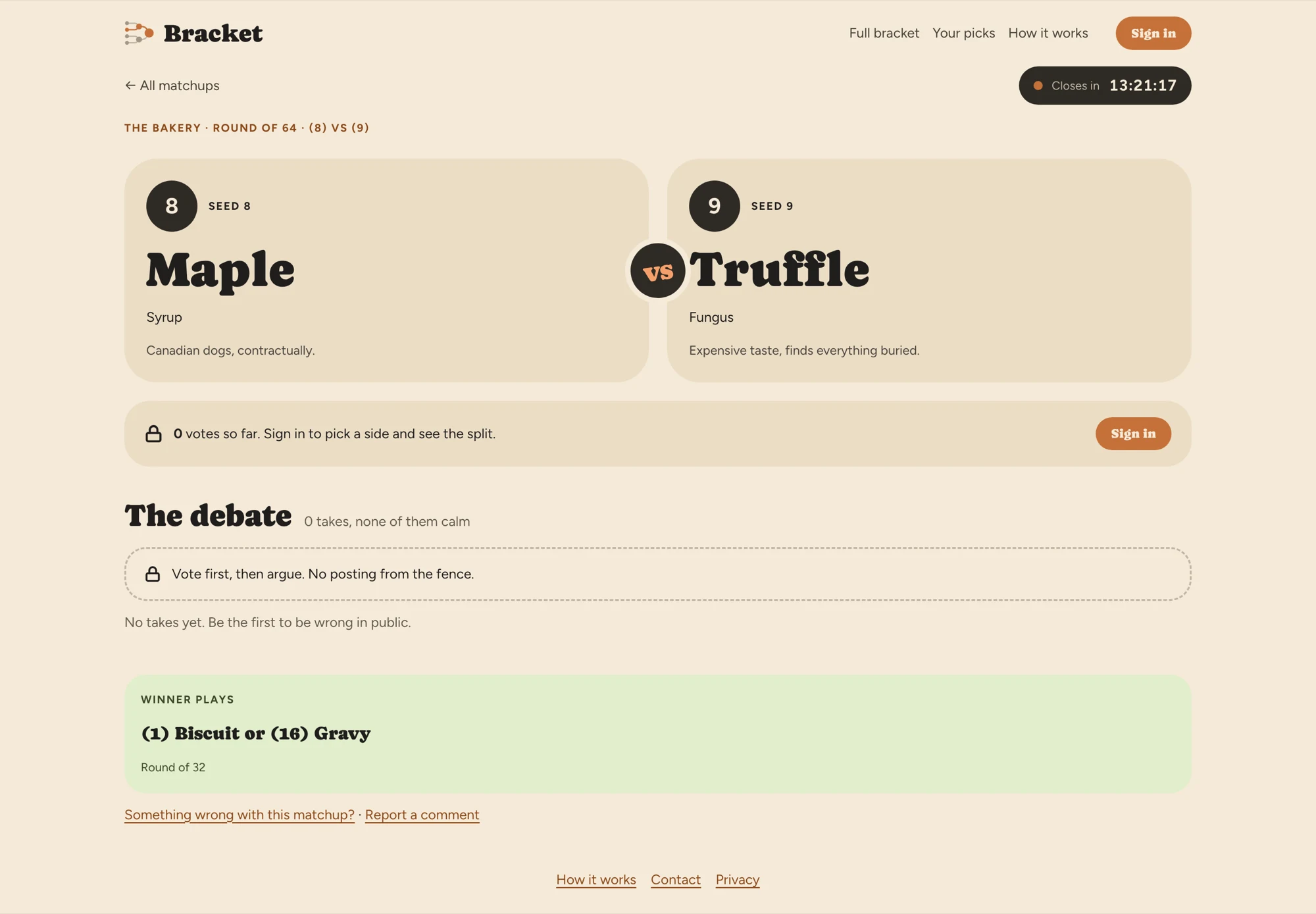 A matchup page: Maple against Truffle with a one-line take on each, the lock-in bar and the debate, which asks you to vote first