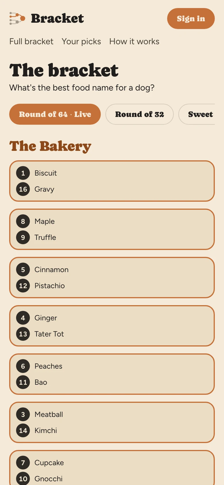 The bracket on a phone, with a tab for each round and the matchups listed by region