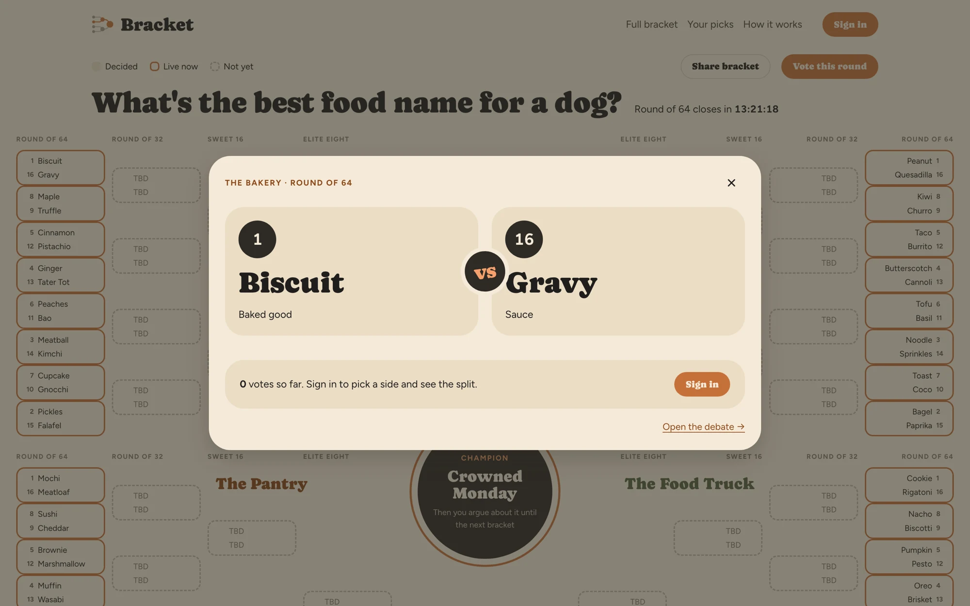 A voting window over the bracket: 1 Biscuit against 16 Gravy