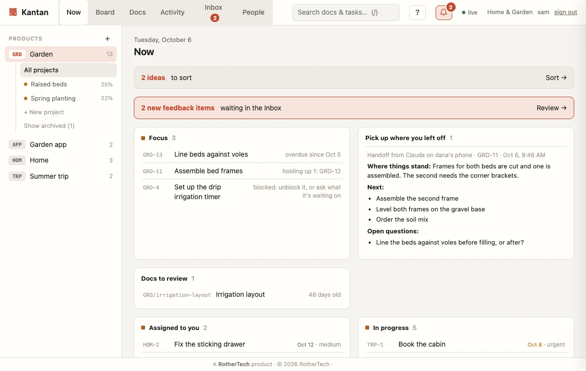 The Now page: two ideas to sort, three tasks to focus on and why, a handoff from the last Claude session, and a doc to review