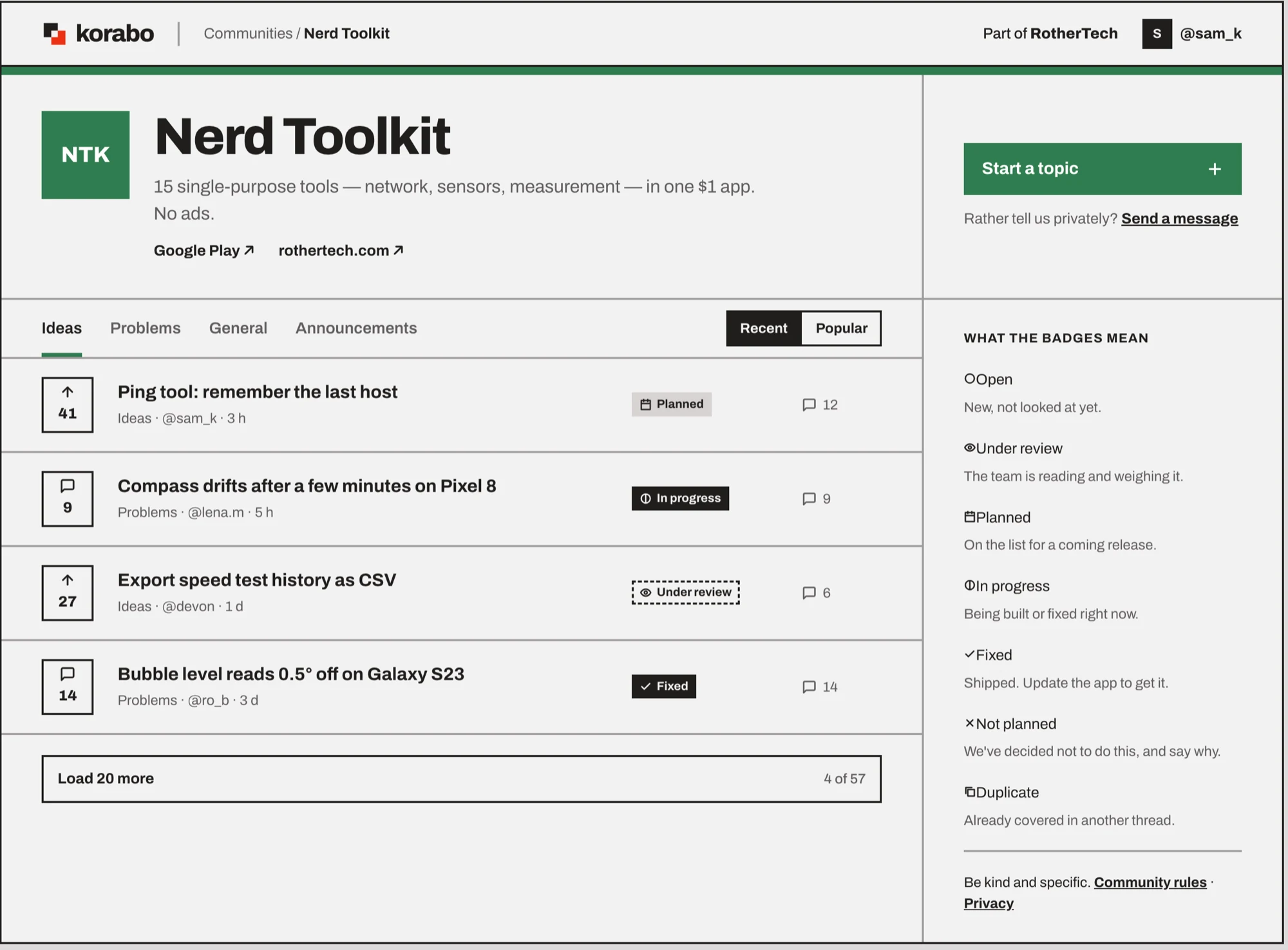 Design comp of a product community on desktop: the product header, Ideas, Problems, General and Announcements tabs, and threads with status badges, plus a panel explaining each badge