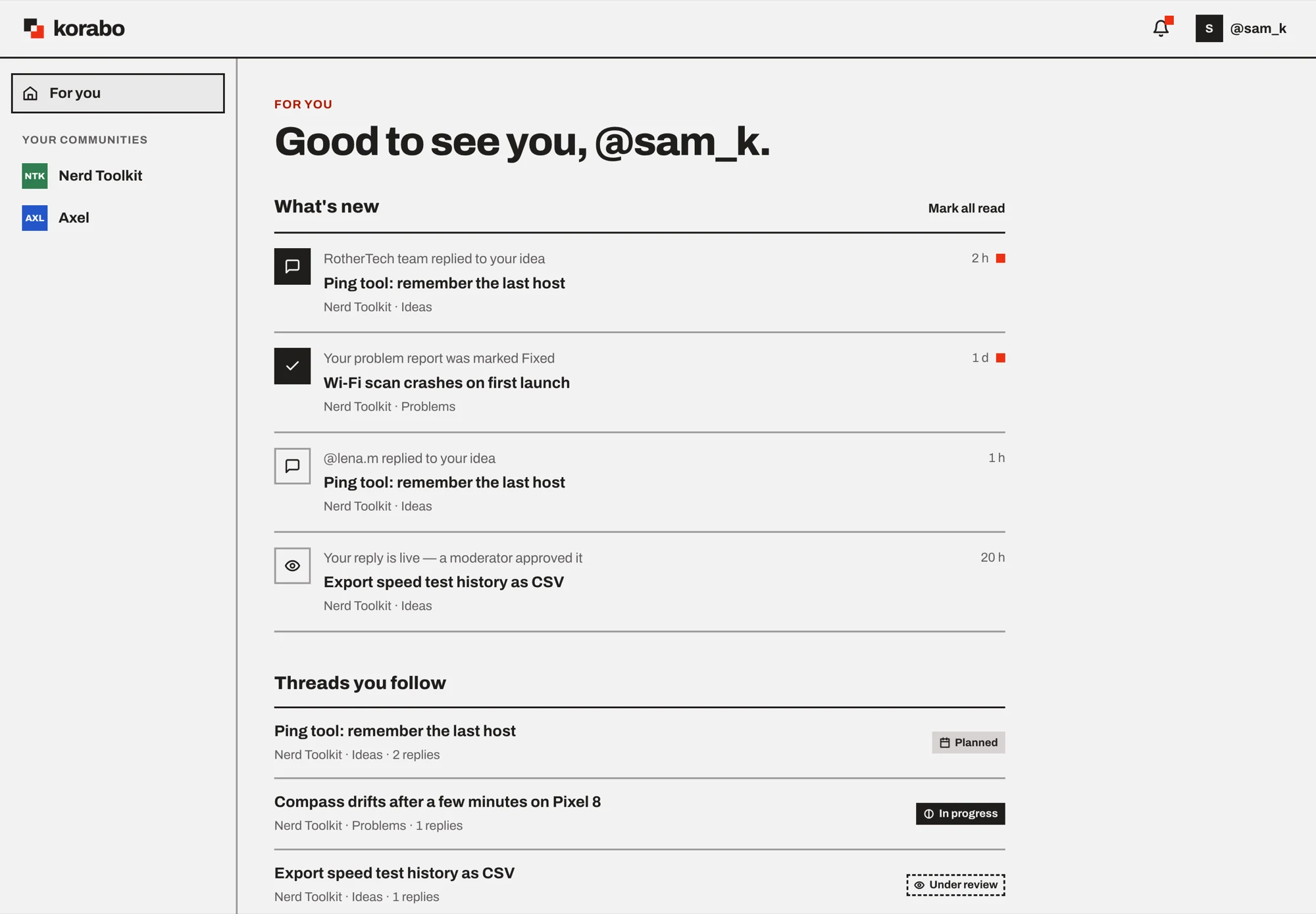 Design comp of the signed-in For you page: replies to your posts, status changes and threads you follow