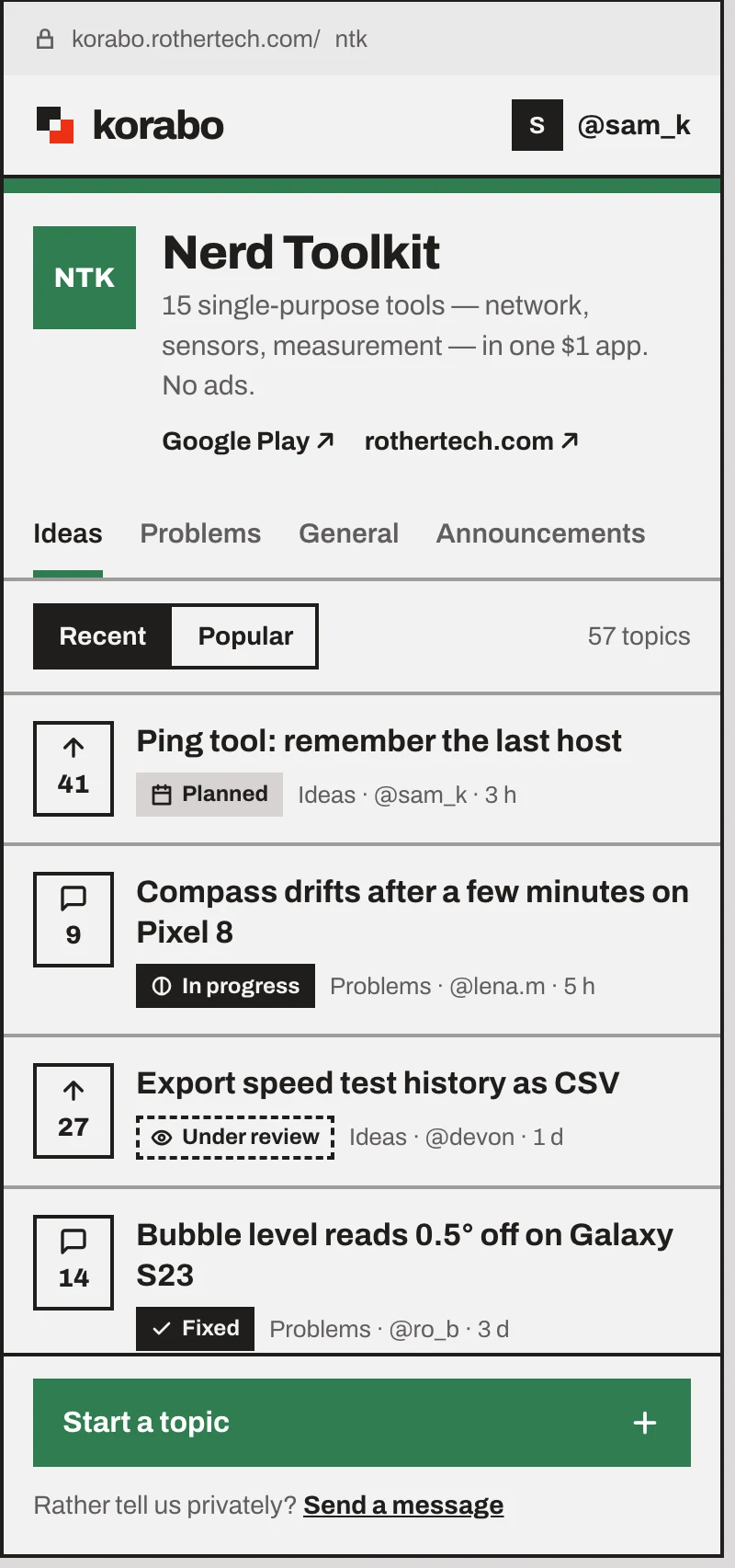 Design comp of a product community on a phone, with a Start a topic button