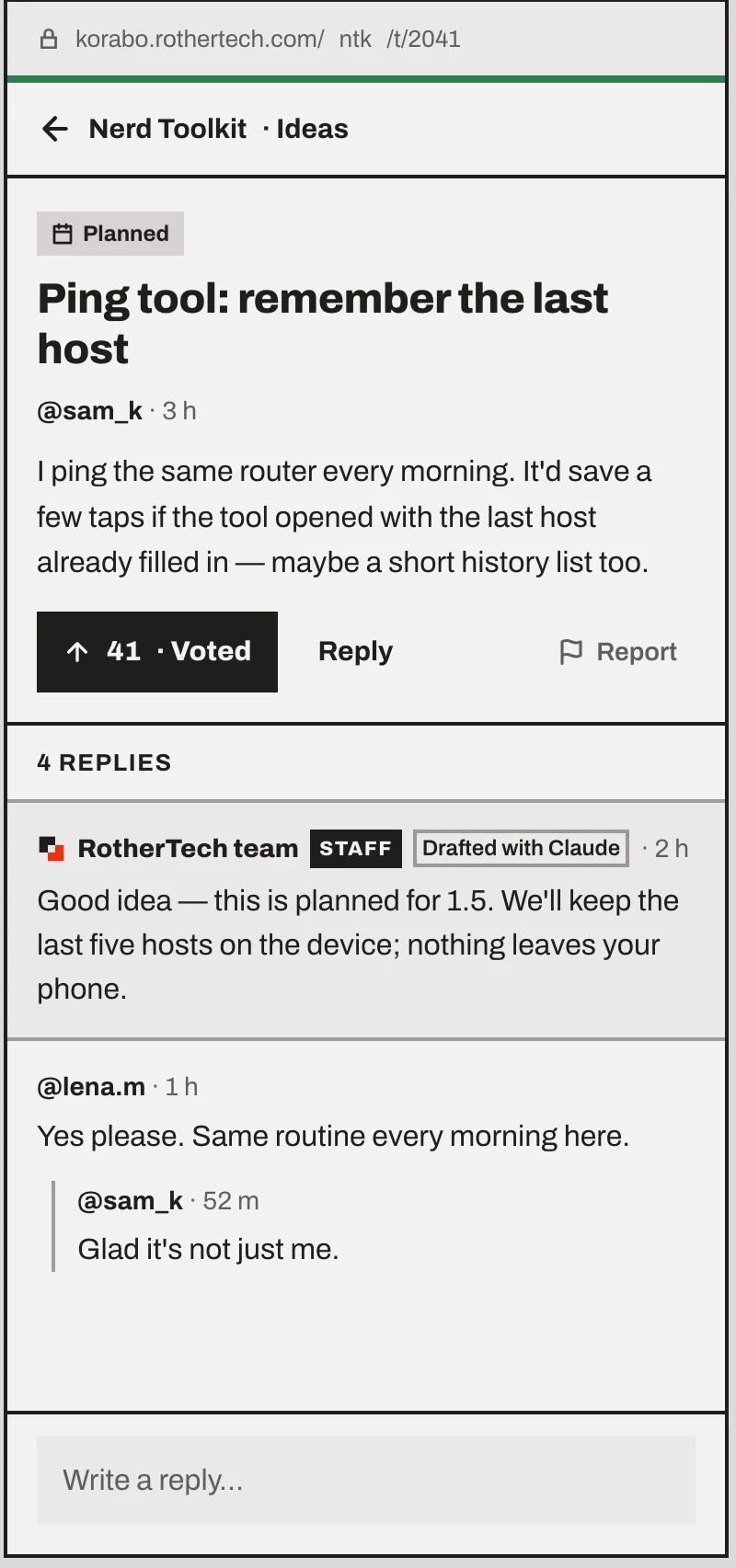 Design comp of a thread on a phone: an idea marked Planned, upvotes, and a staff reply labelled Drafted with Claude