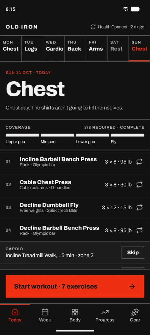 Today: a chest day with its coverage meter, planned lifts and a cardio slot