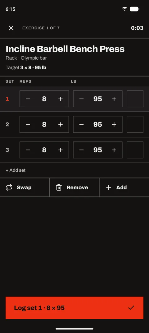 Logging sets with reps and weight steppers
