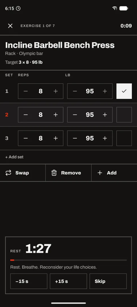 Rest timer between sets