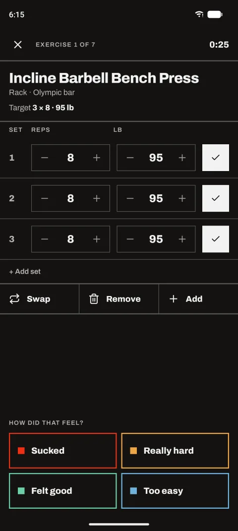 Rating how an exercise felt: Sucked, Really hard, Felt good or Too easy