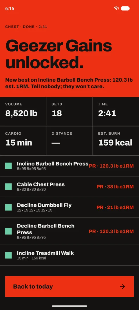 Workout summary with a personal record: Geezer Gains unlocked