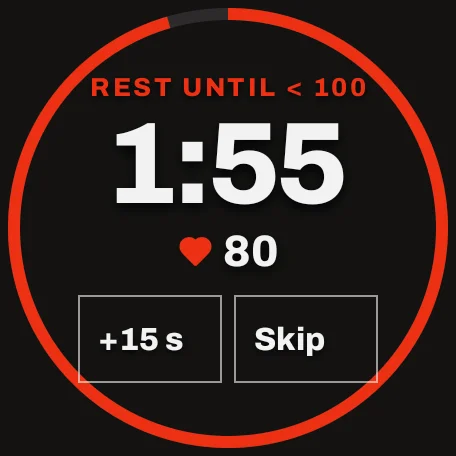 Watch app: rest until heart rate is under 100, 1:55 left, heart rate 80, with +15 s and Skip