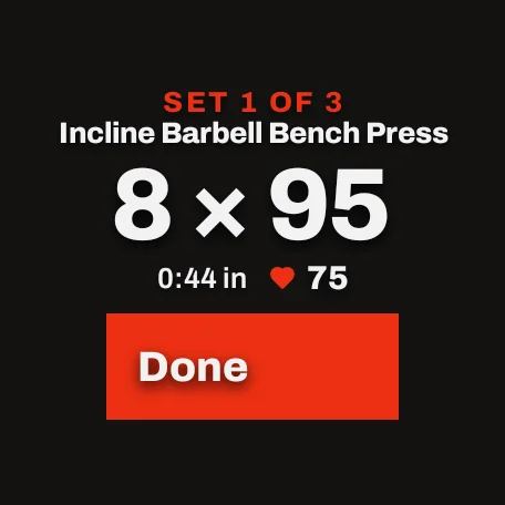 Watch app: set 1 of 3, 8 × 95, heart rate 75, with a Done button