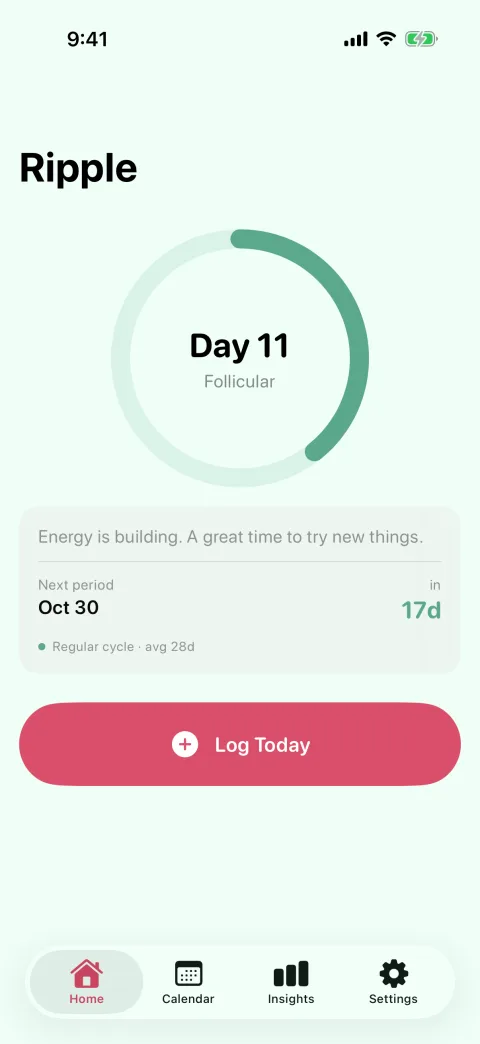 Home: cycle day 11, follicular phase, next period Oct 30 in 17 days, and a Log Today button