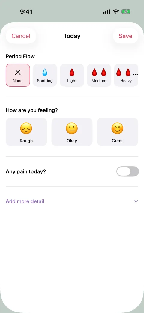 Logging today: period flow, how you’re feeling, and whether there’s any pain