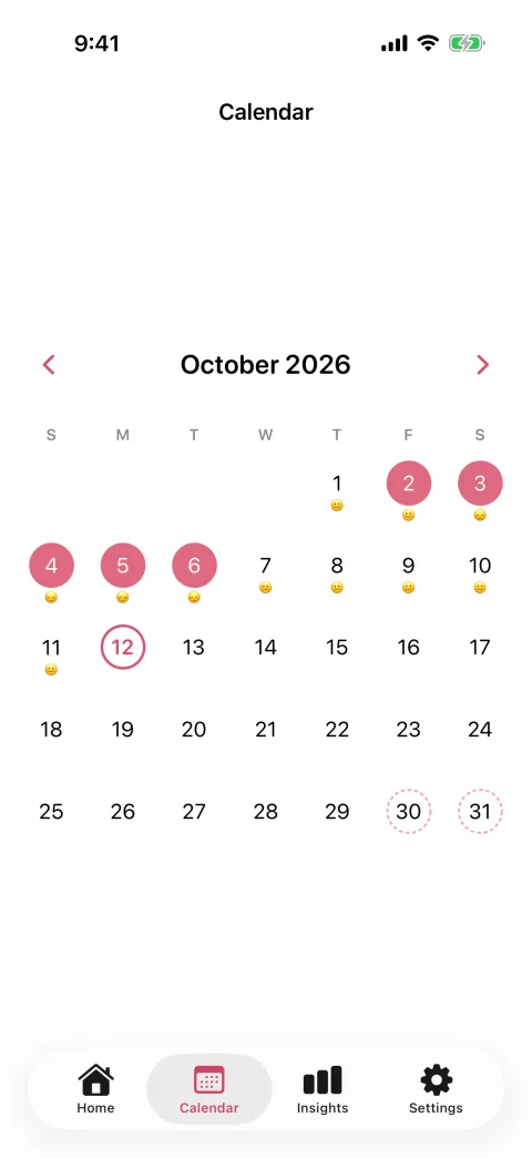 Calendar for October 2026, with period days marked, a mood on each logged day, and the predicted next period dashed
