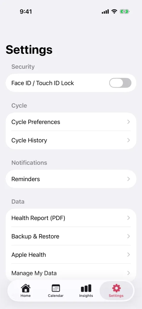 Settings: Face ID lock, cycle preferences, reminders, health report, backup, Apple Health and your data