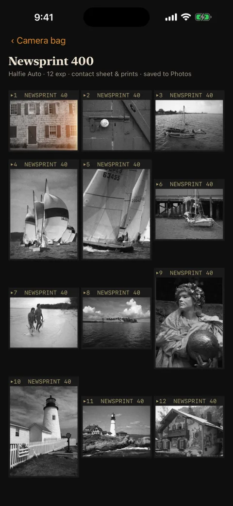 A black-and-white roll from the half-frame camera as a contact sheet