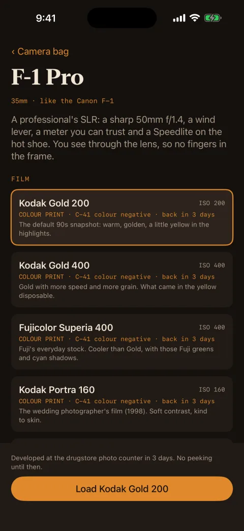 Loading the F-1 Pro: a list of films with their speed, type and how many days the lab takes