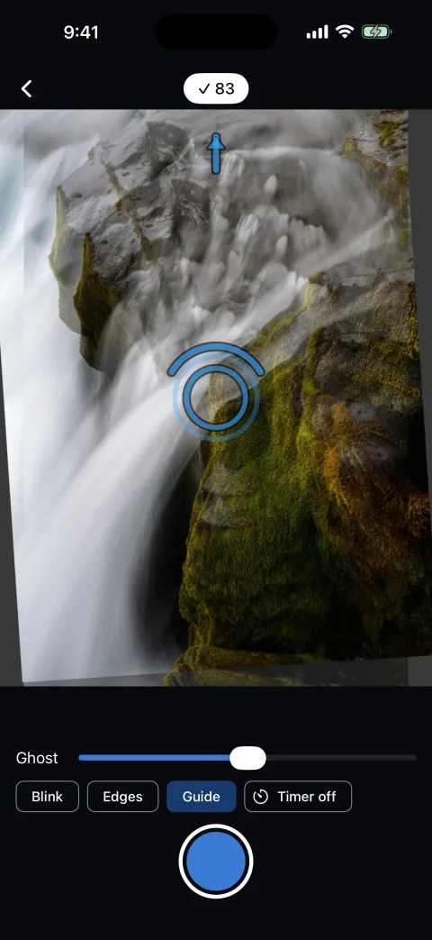 Camera with the old photo as a ghost, an arrow to pan up, a zoom ring and a rotate arc, and a match score of 83 with a tick