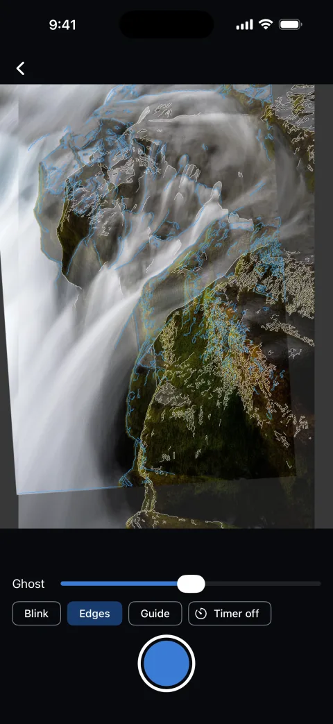 Camera with Edges on: white outlines of the old photo over blue outlines of the live scene