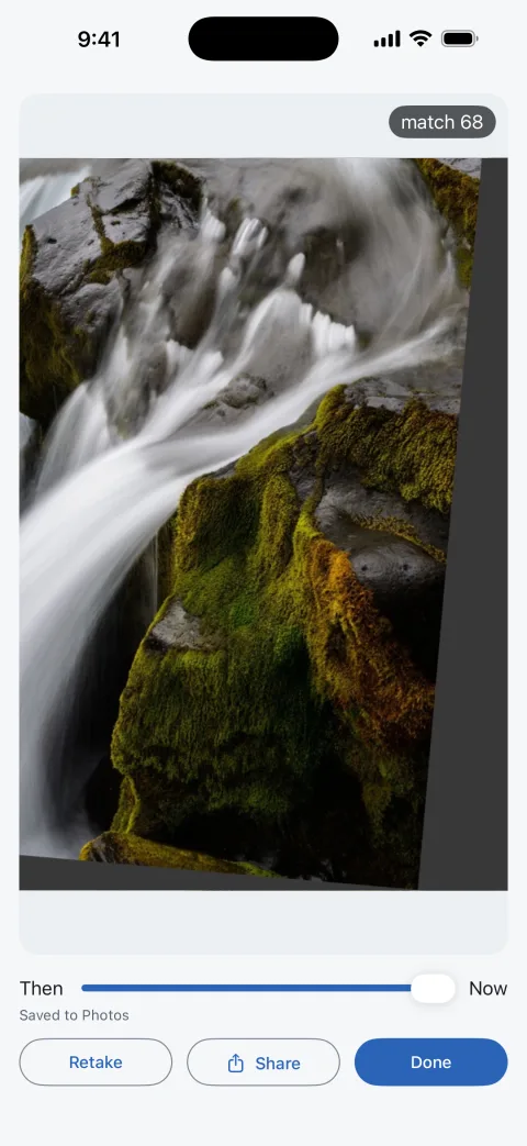 The reveal: the new photo with a match score of 68, a Then to Now slider, and Retake, Share and Done buttons